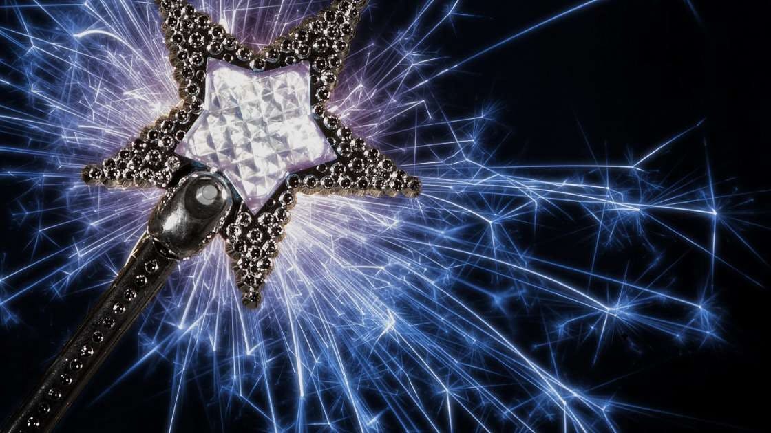 A sparkly silver star shaped magic wand with sparkler like lights behind it on a black background