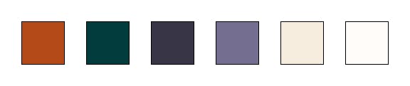 A strip of six boxes, each containing a different color