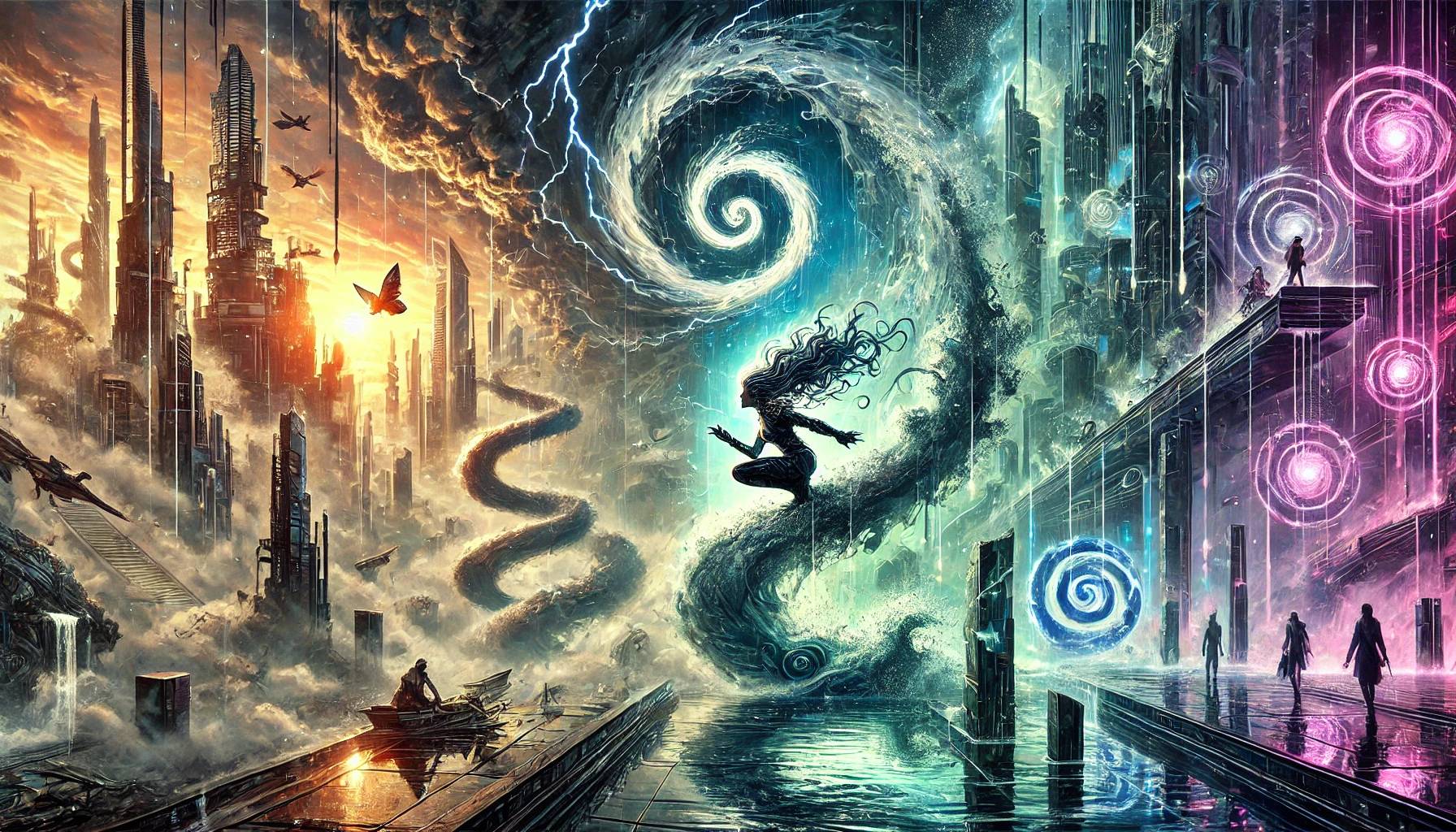 A character profiled in the newsletter stands on a tendril of water that divides two realities blended in collage.