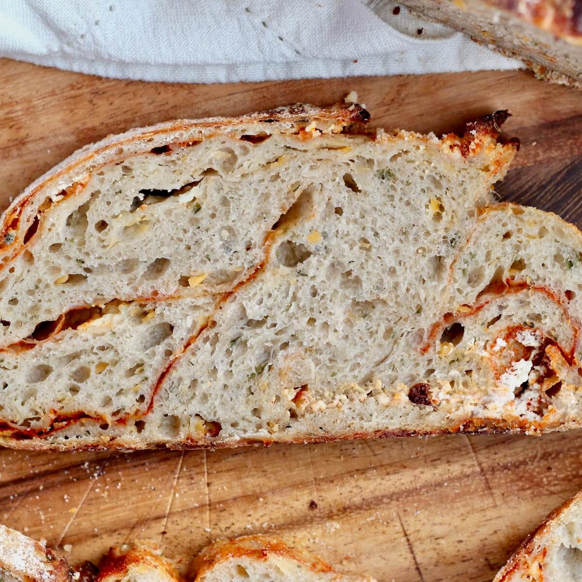 A slice of buffalo chicken dip sourdough bread.