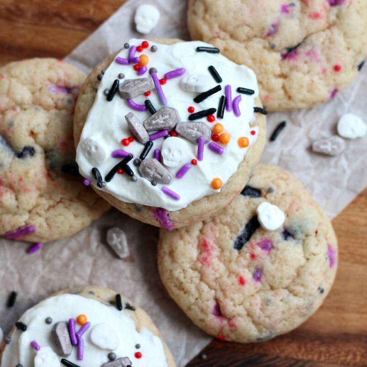 Sourdough sugar cookies with frosting and Halloween sprinkles.