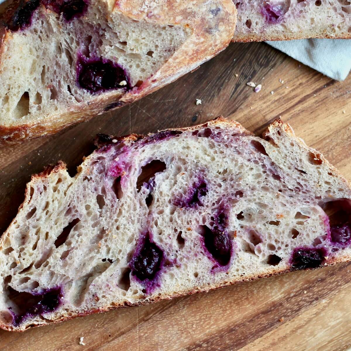 A slice of lemon blueberry sourdough bread.