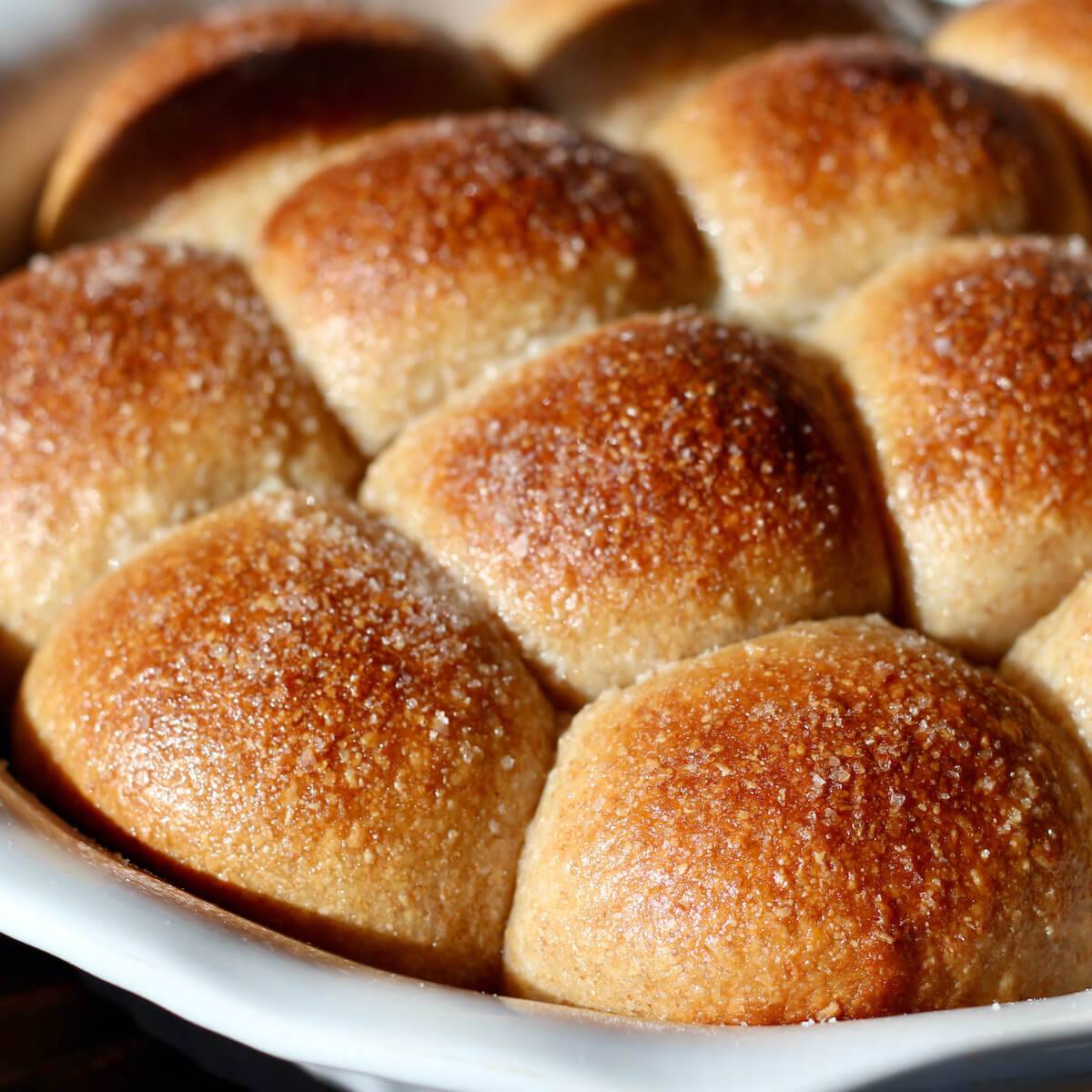 Sourdough dinner rolls baked in a pie plate.