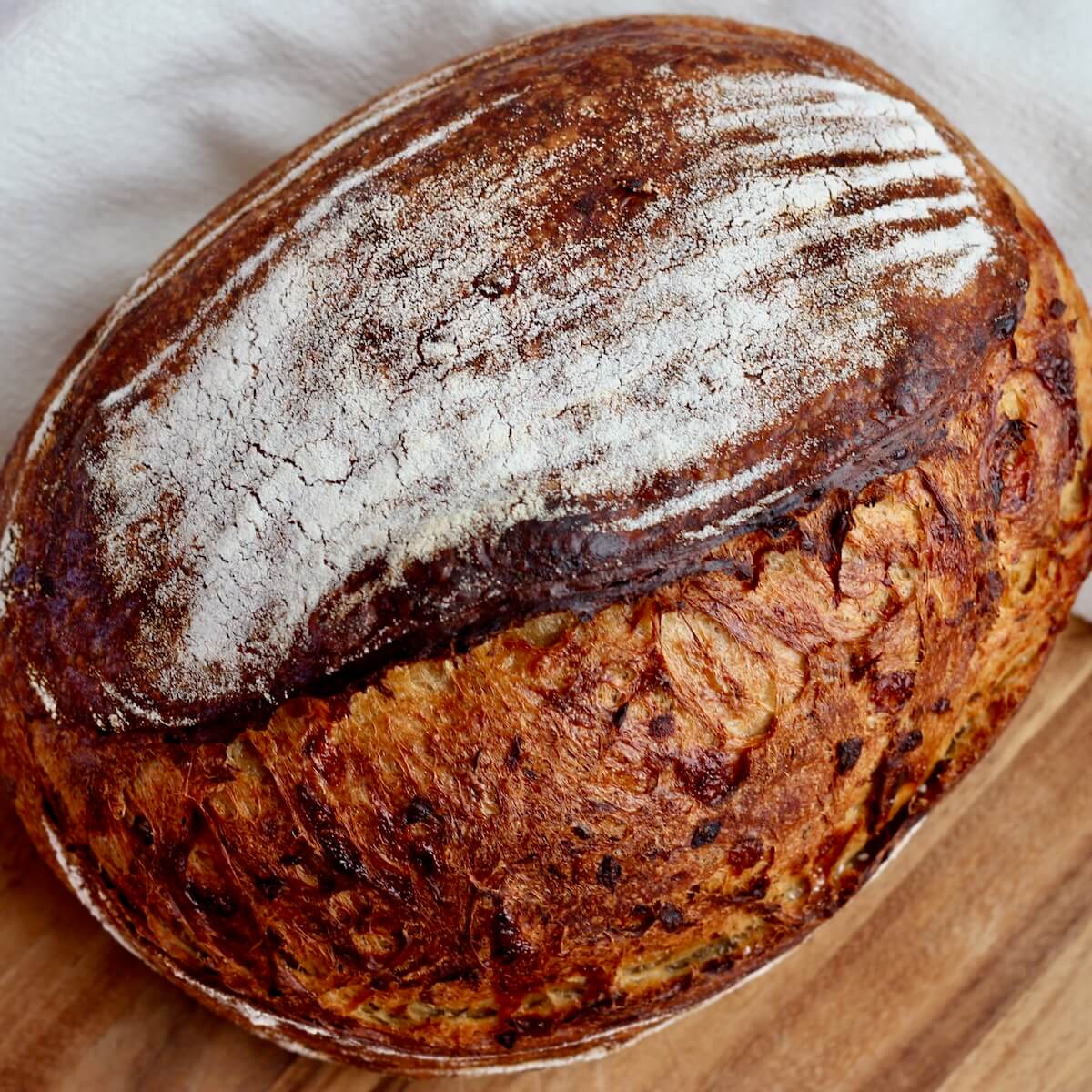 A loaf of French onion soup sourdough bread.