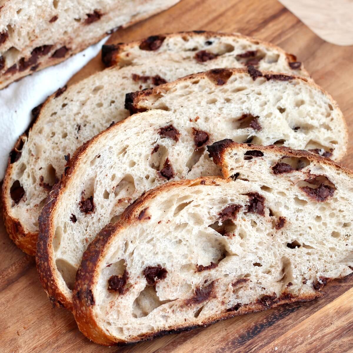 Slices of chocolate chip sourdough bread.