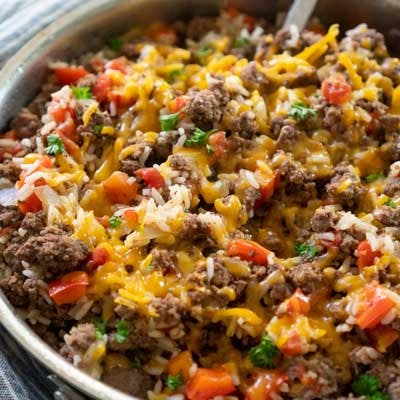 beef and rice in skillet