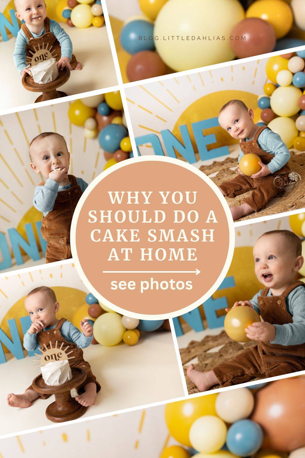 Collage of a baby boy in corduroy overalls and a blue shirt enjoying a relaxed, sunshine-themed first birthday cake smash at home.