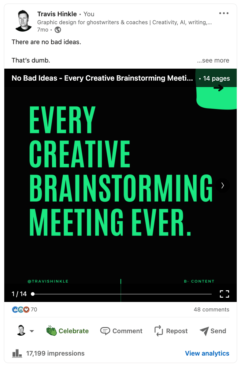 Screenshot of a LinkedIn post titled, Every Creative Brainstorming Meeting Ever