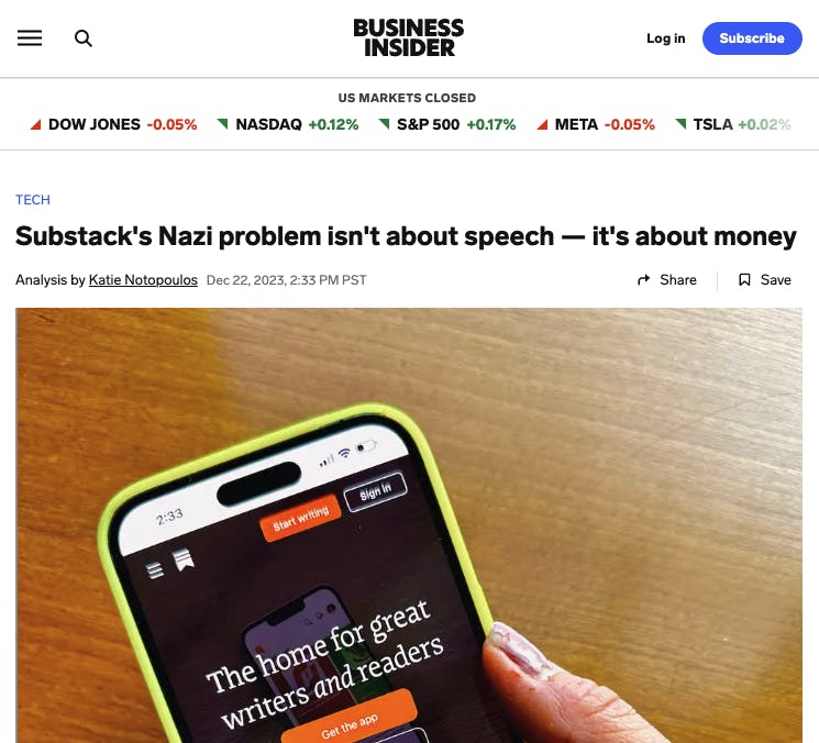 screen shot of a business insider article about substack protecting free speech for Nazis