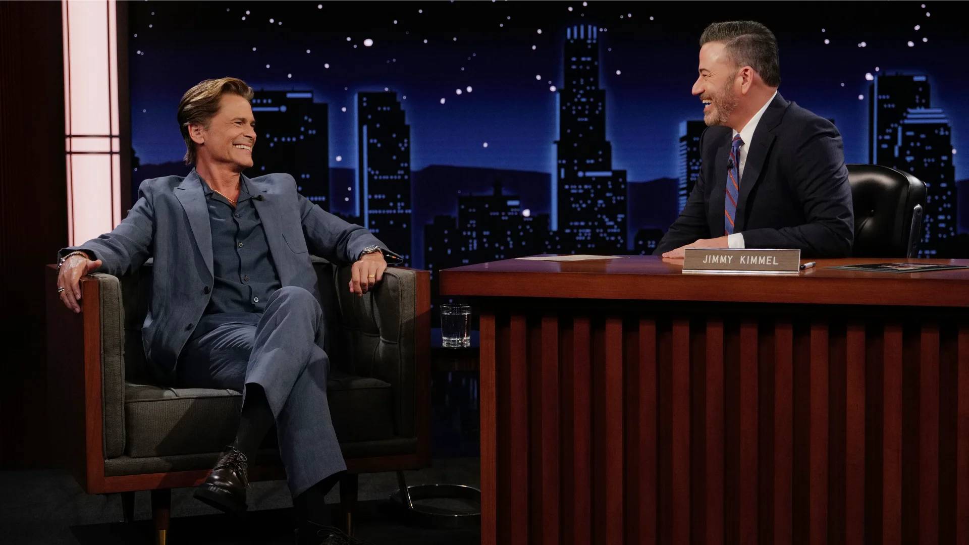 Jimmy Kimmel interviewing actor Rob Lowe.
