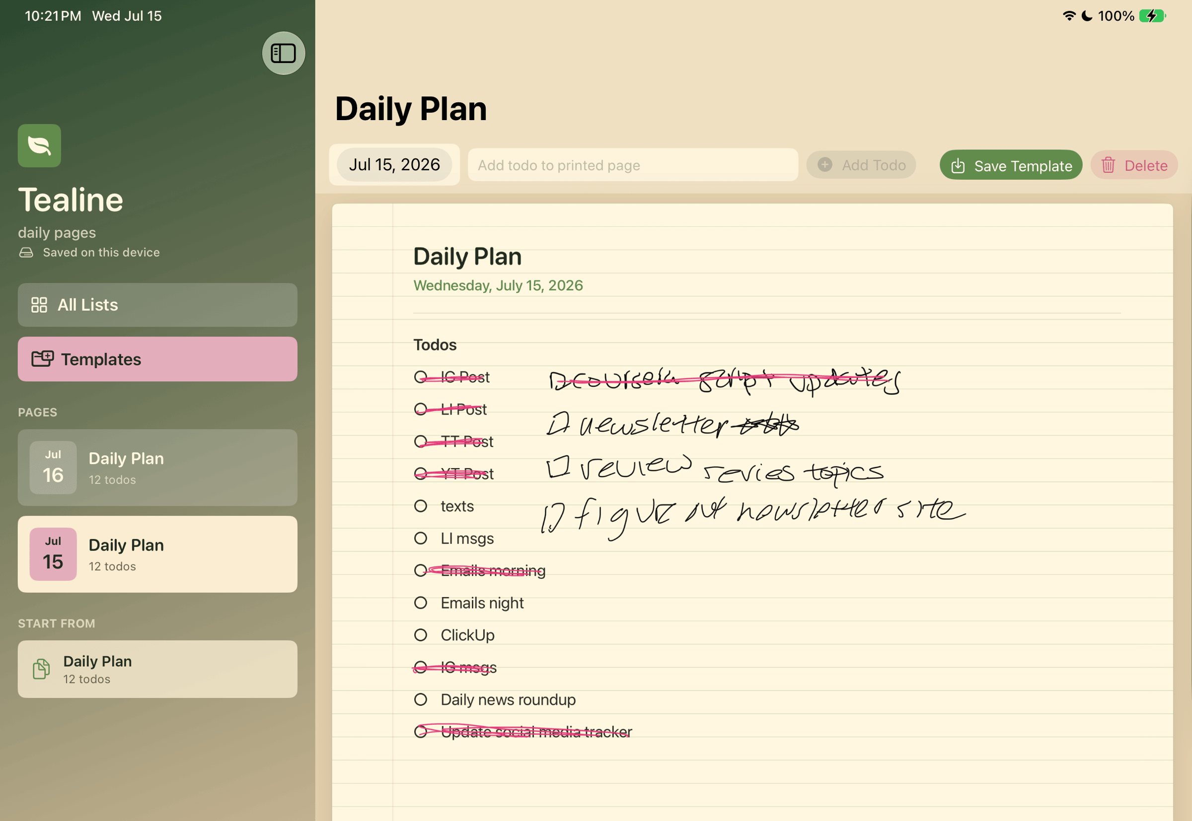 Tealine, a templated to-do list app