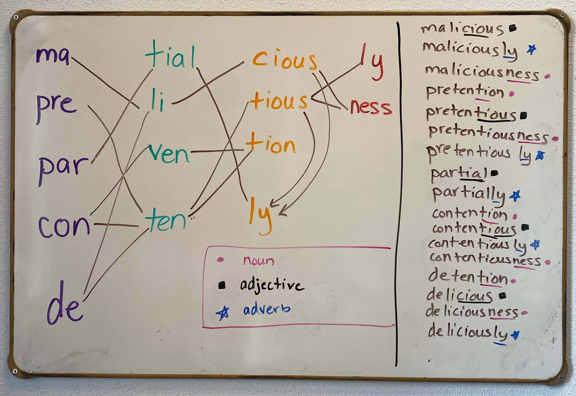 white board with word-building activity