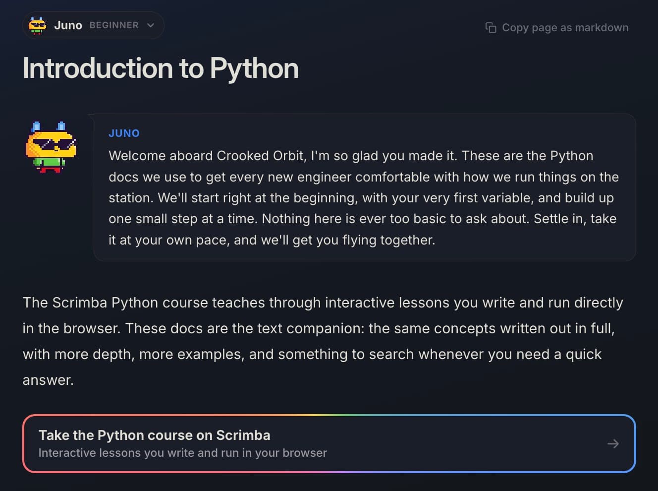Scrimba Python docs, featuring beginner guidance, a motivational welcome message, and a link to interactive lessons.