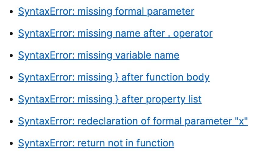 Various JavaScript SyntaxError messages