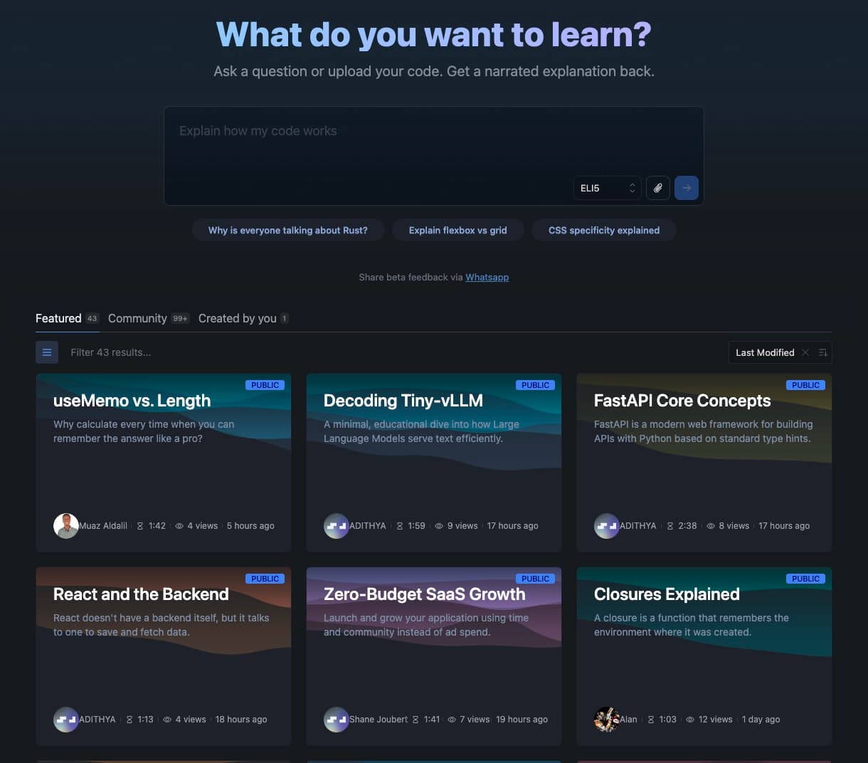 The Explain interface, including public Explainers on coding concepts and frameworks like FastAPI and React, as well as SaaS growth.