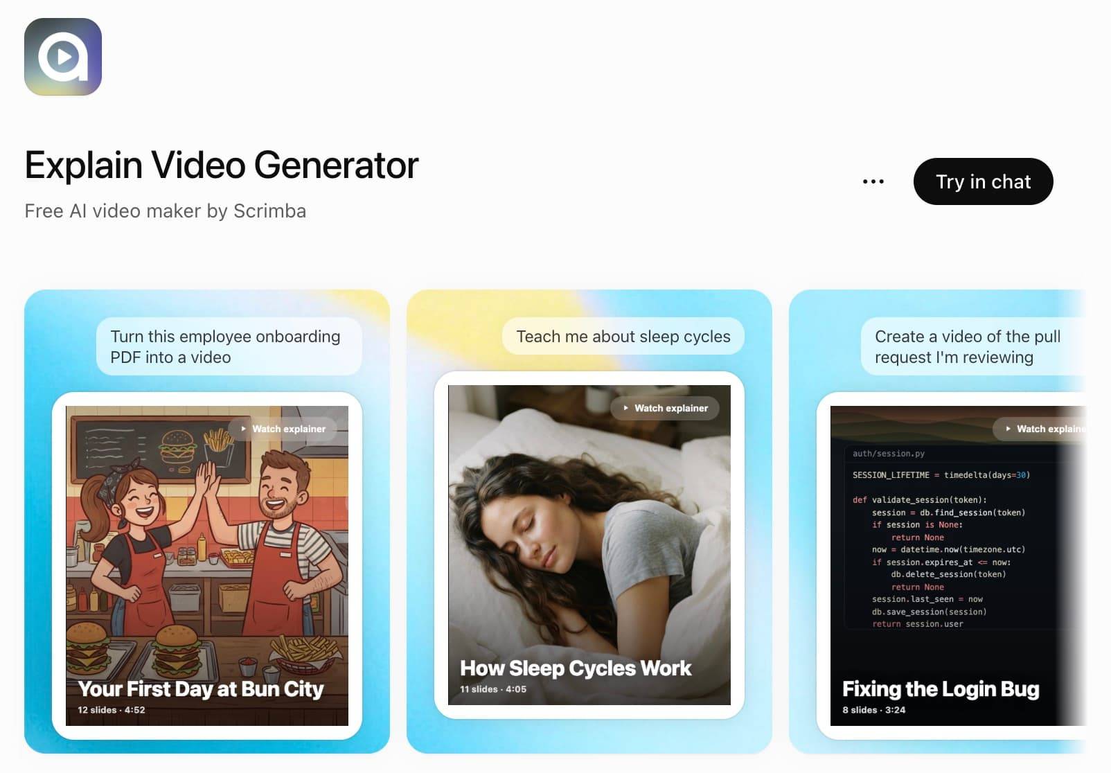 UI screenshot of Explain in ChatGPT, displaying three AI video generator topics, including employee onboarding and explanations of sleep cycles.
