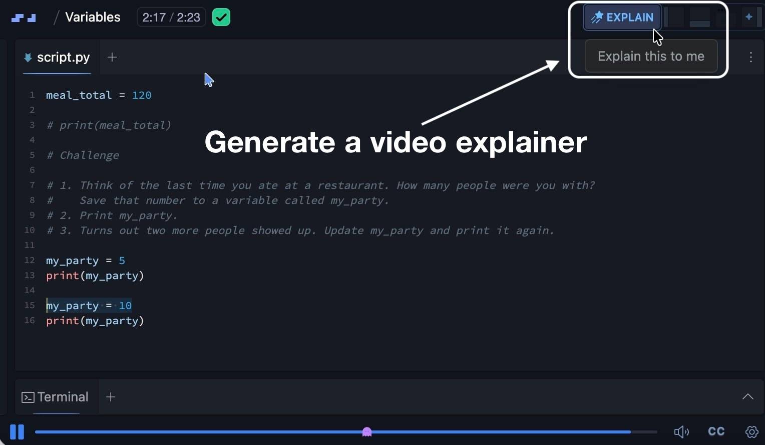 A Python lesson scrim with the Explain button indicated in the top right. 