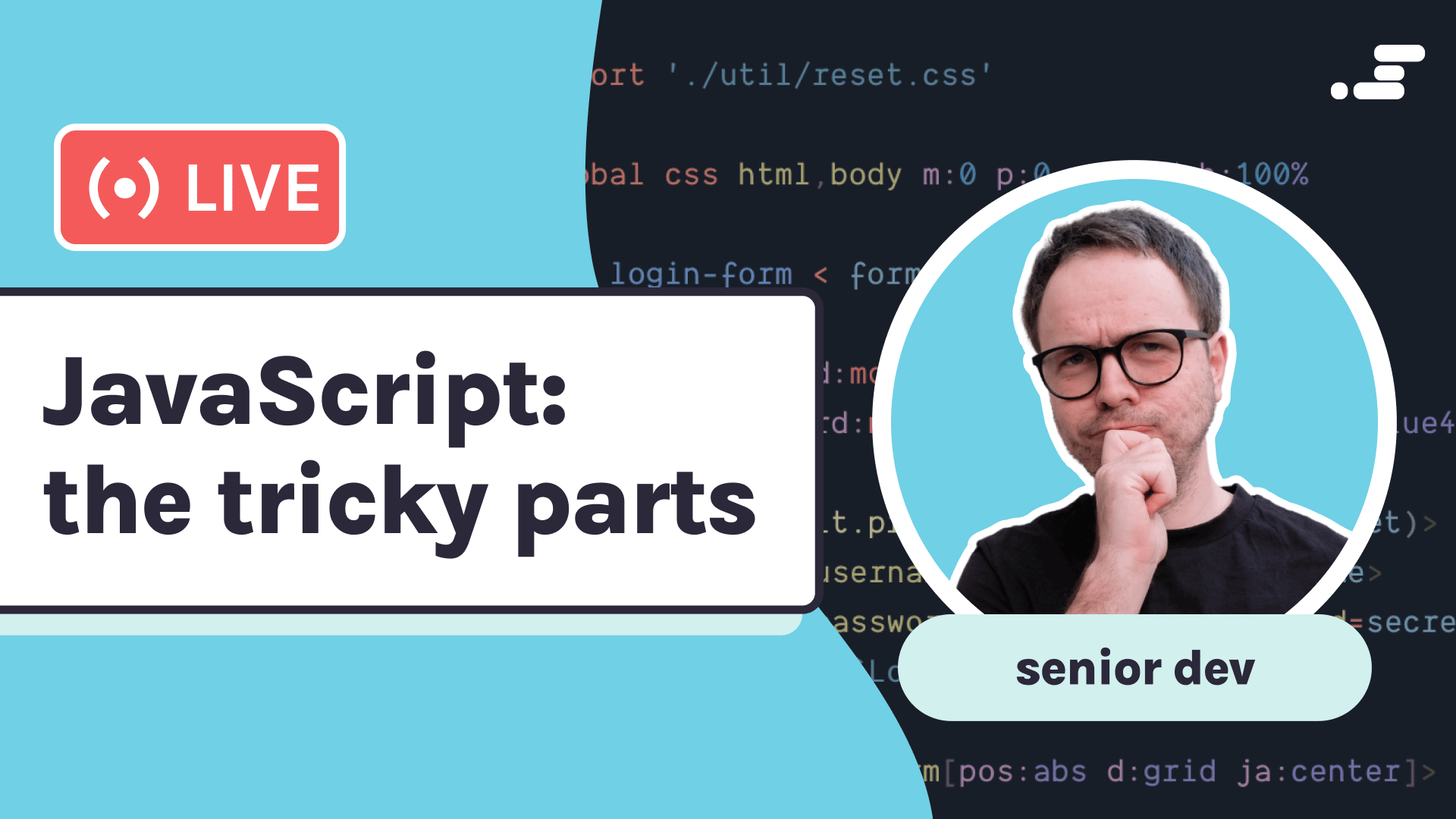 scrimba live - the tricky parts of javascript. Senior dev michael looking thoughtful
