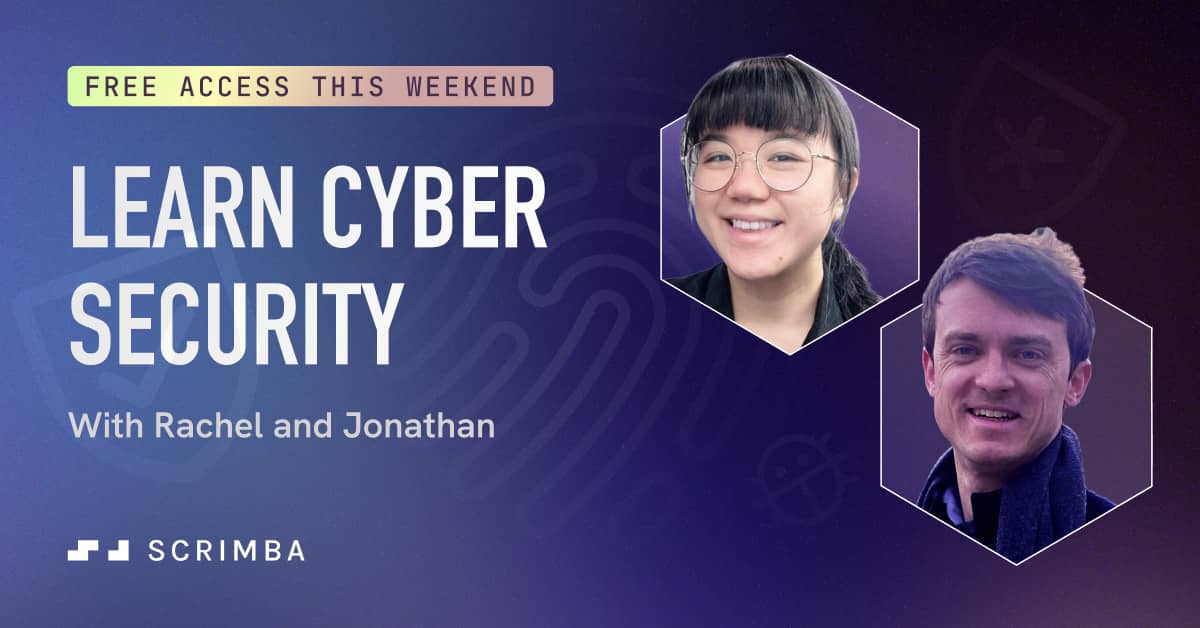 Teachers Rachel and Jonathan, featured in hexagonal frames, promote a free weekend cybersecurity course.