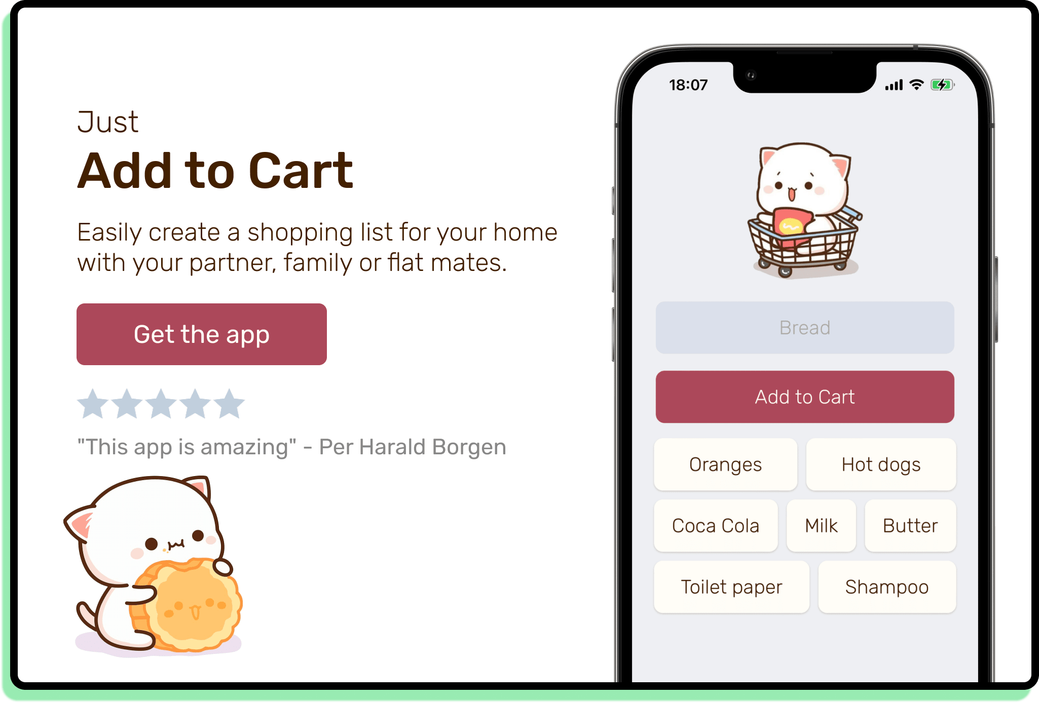 Shopping list app featuring cute cat cartoon and a five star rating from Per Harald Borgen saying "This app is amazing!"