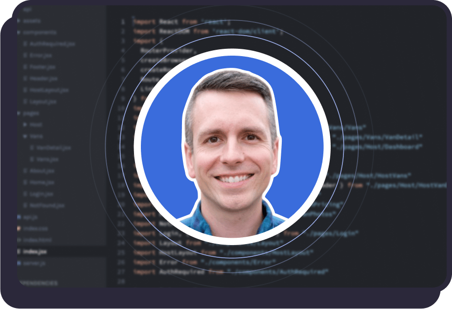 React Router teacher Bob Ziroll with a Router code background