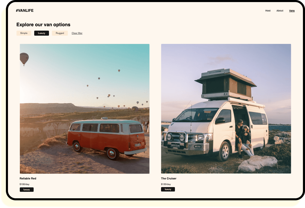 VanLife app which you will build during the course.