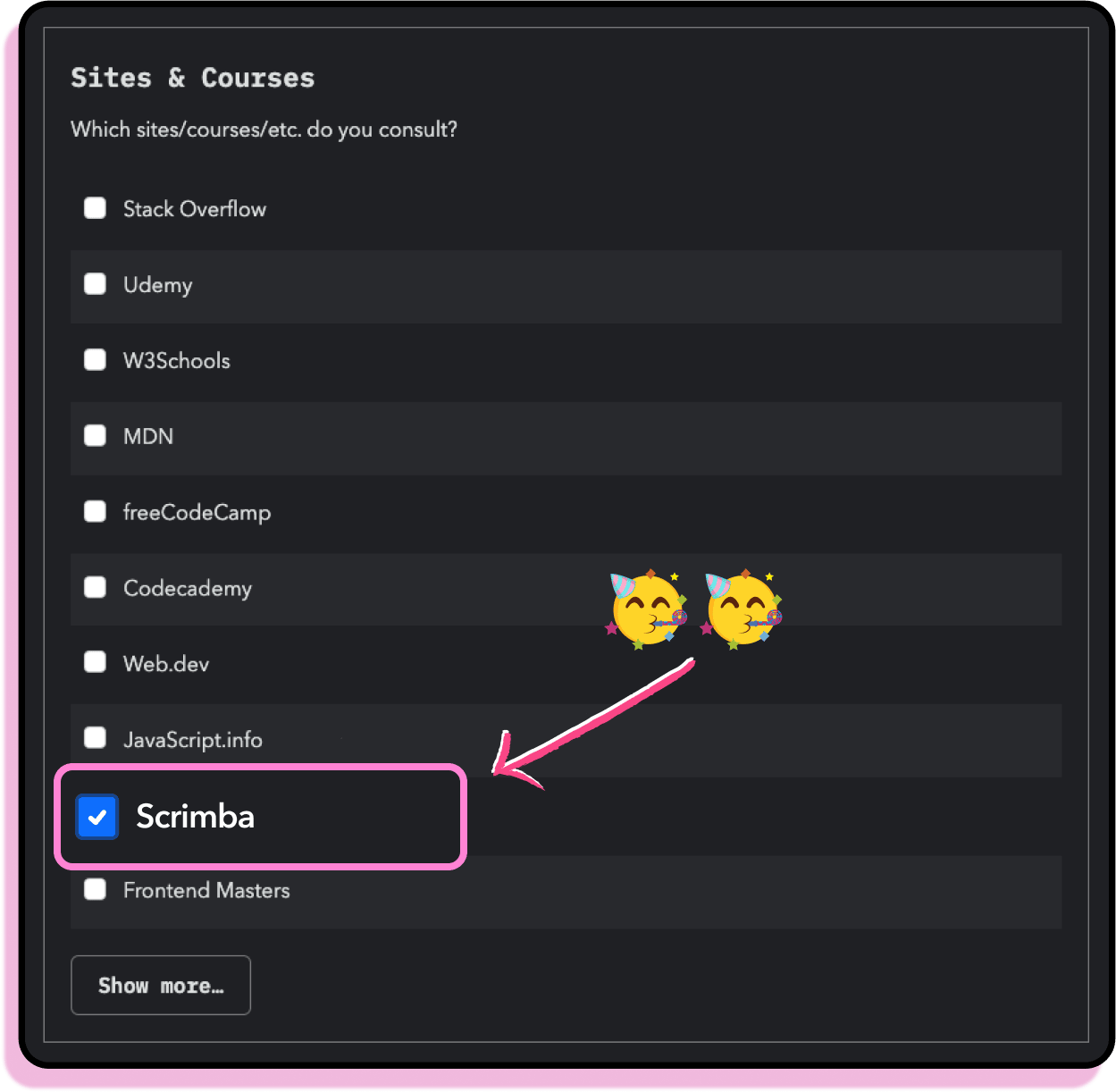 A screenshot of Scrimba listed an an official entry on the State of JavaScript survey