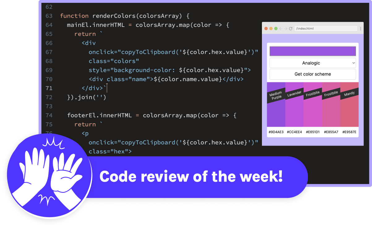 code review of the week graphic with code background and high five illustration