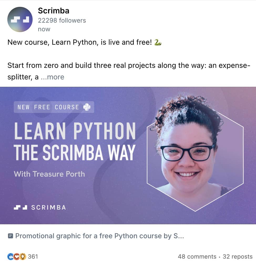LinkedIn post promoting the Learn Python course.