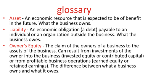 glossary • Asset - An economic resource that is expected to be of benefit in the future. What the business owns. • Liability - An economic obligation (a debt) payable to an individual or an organization outside the business. What the business owes. • Owner's Equity - The claim of the owners of a business to the assets of the business. Can result from investments of the owner into the business (invested equity or contributed capital) or from profitable business operations (earned equity or retained earnings). The difference between what a business owns and what it owes.