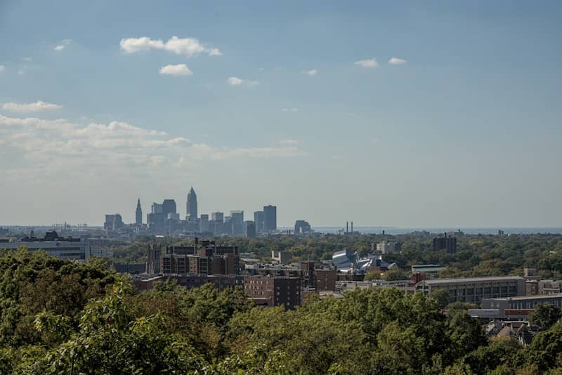 City skyline seen over green trees and buildings