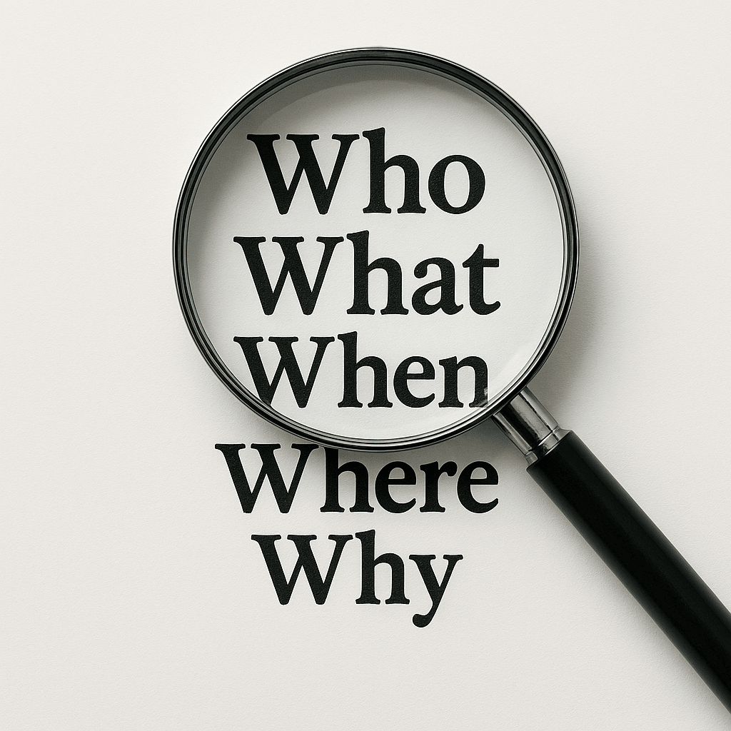 Magnifying glass over text "Who What When Where Why"
