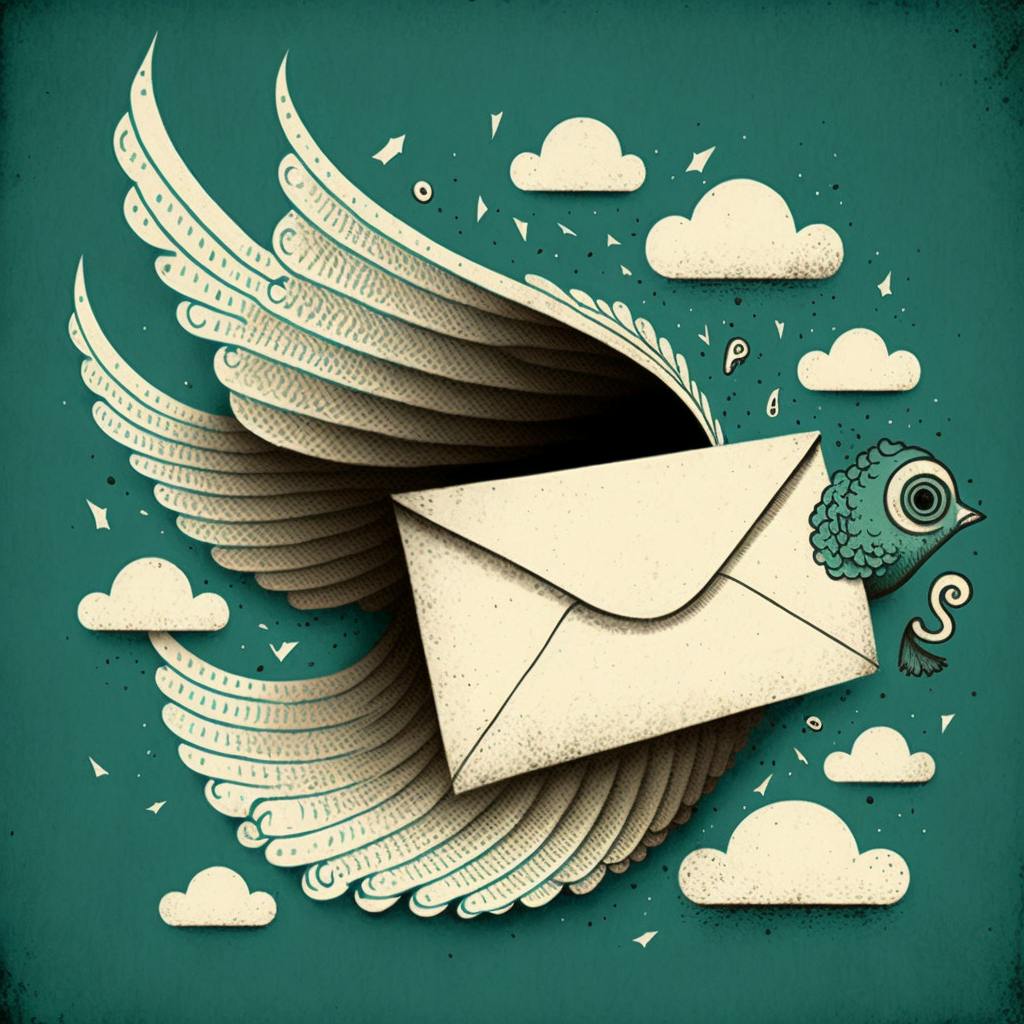 An envelope with wings and the face of a bird