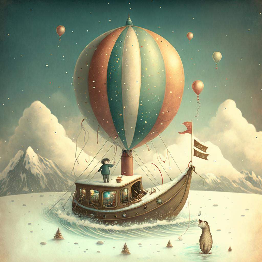 a whimsical illustration of a balloon above a boat, celebrating a new year of possibilities