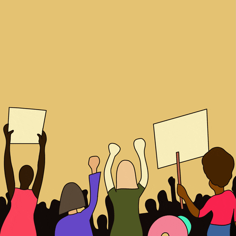 A group of citizens gathered in a peaceful protest, with the caption: Protest into progress