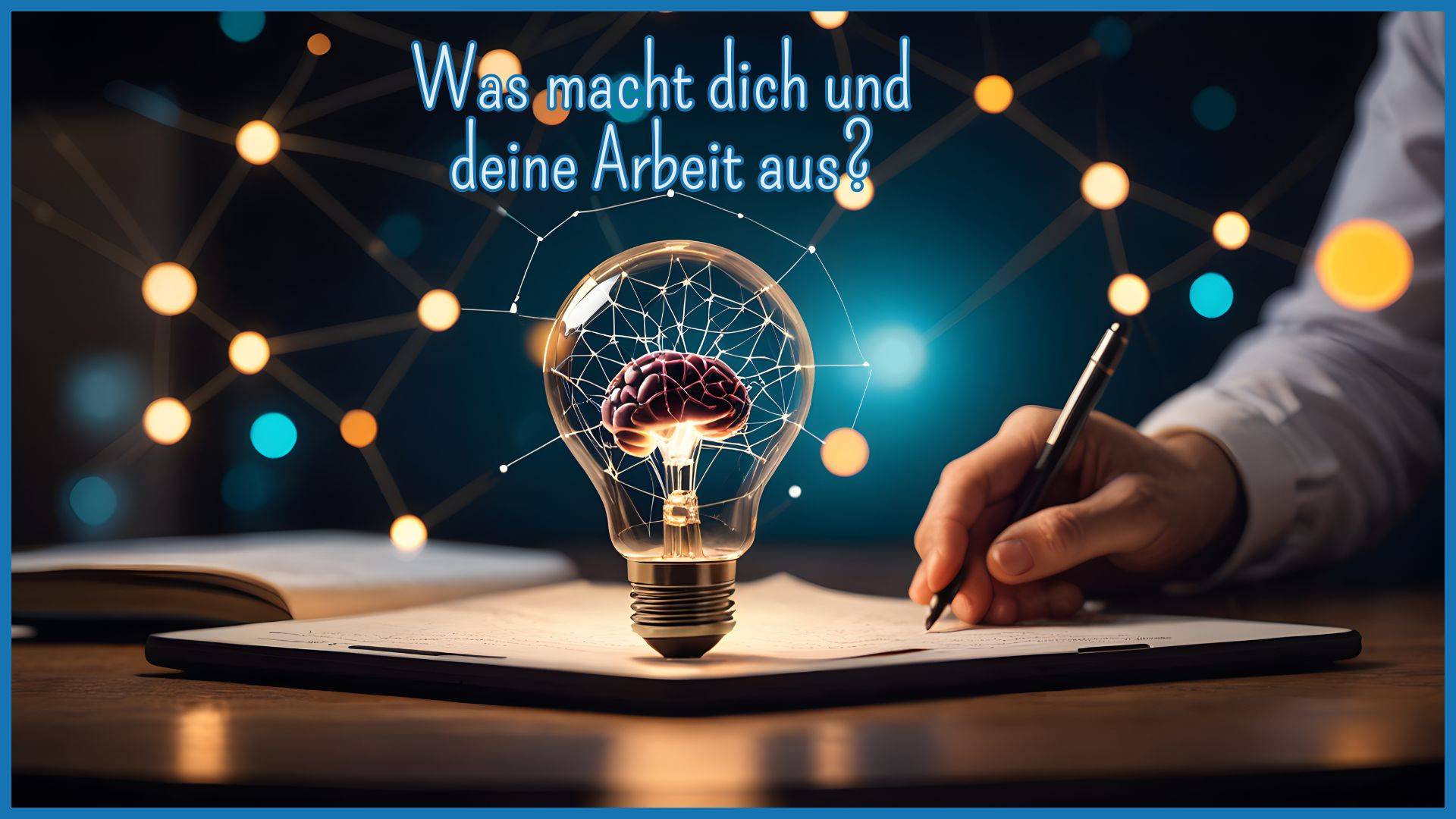 Eine Person schreibt auf ein Blatt Papier, während eine Glühbirne mit einem Gehirn darin leuchtet. Im Hintergrund sind vernetzte Punkte und Lichter zu sehen. Der Text 'Was macht dich und deine Arbeit aus?' steht oben im Bild.