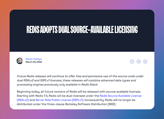 Redis adopts dual-source licensing