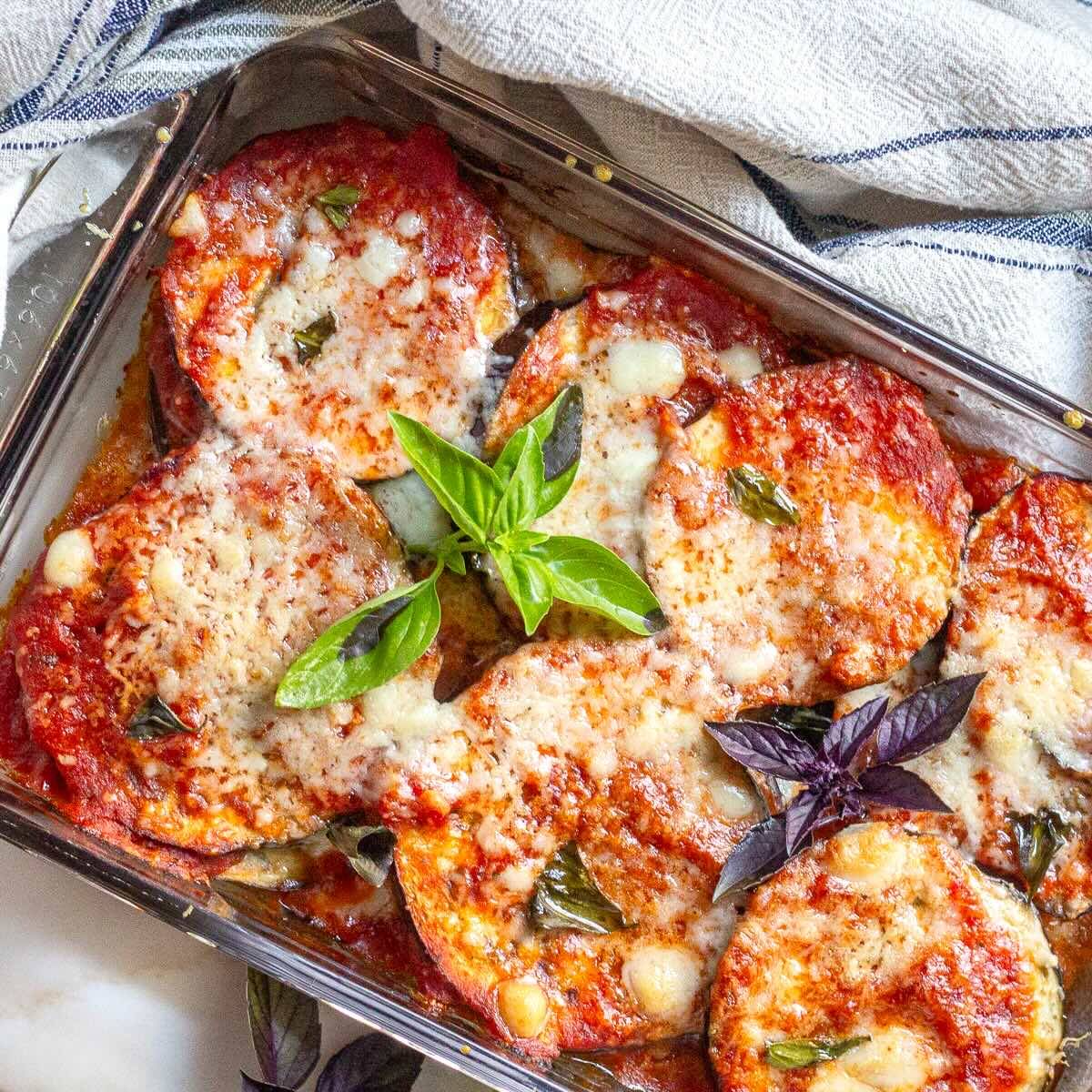 Mediterranean-style cheesy eggplant casserole fresh from the oven.
