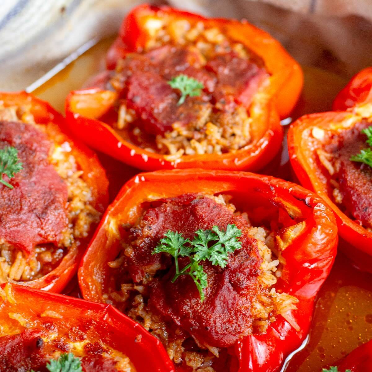 Meat and Rice Stuffed Peppers in a baking dish decorated with fresh parsley.