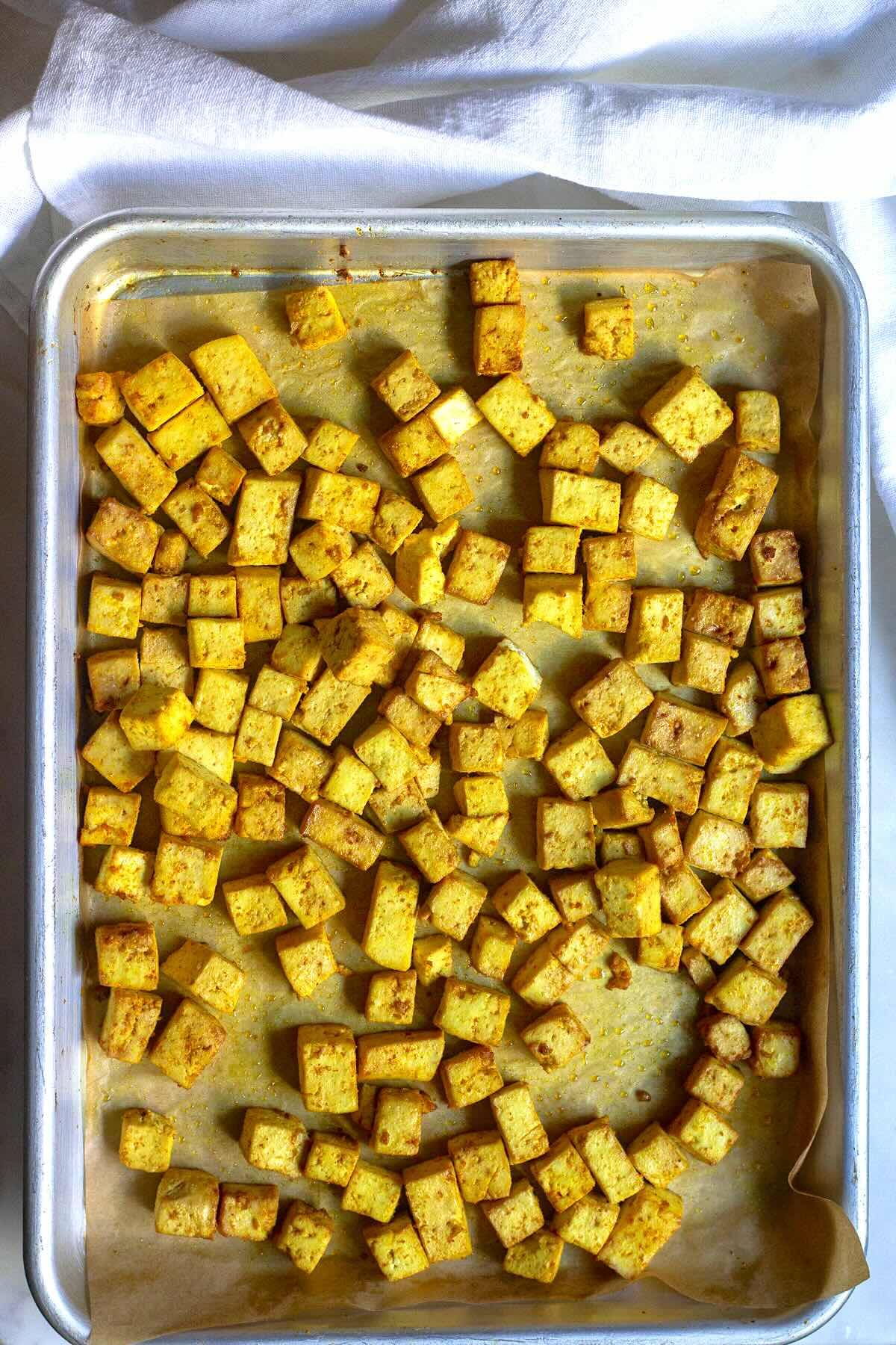 Crispy Baked Tofu Shown in a Baking Pan