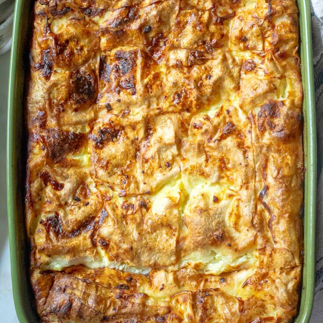 Serbian gibanica in a baking pan.
