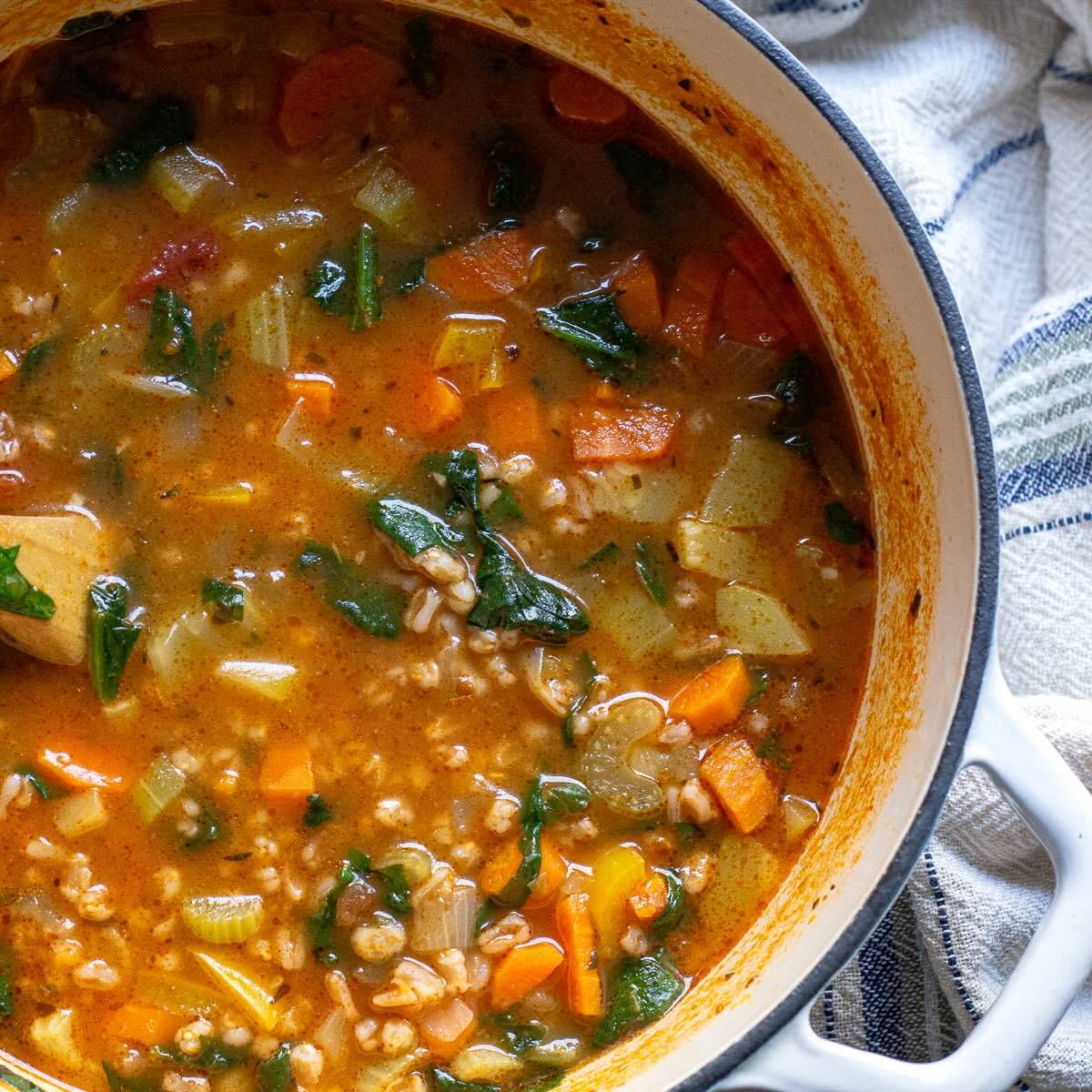 Vegetable Soup with Barley in a Pot.