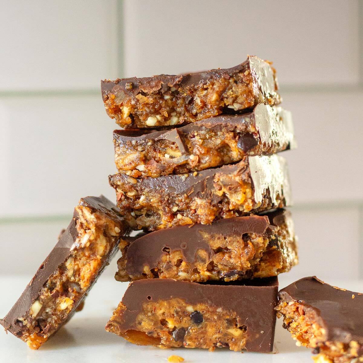 Homemade date and nut chocolate snack bars.