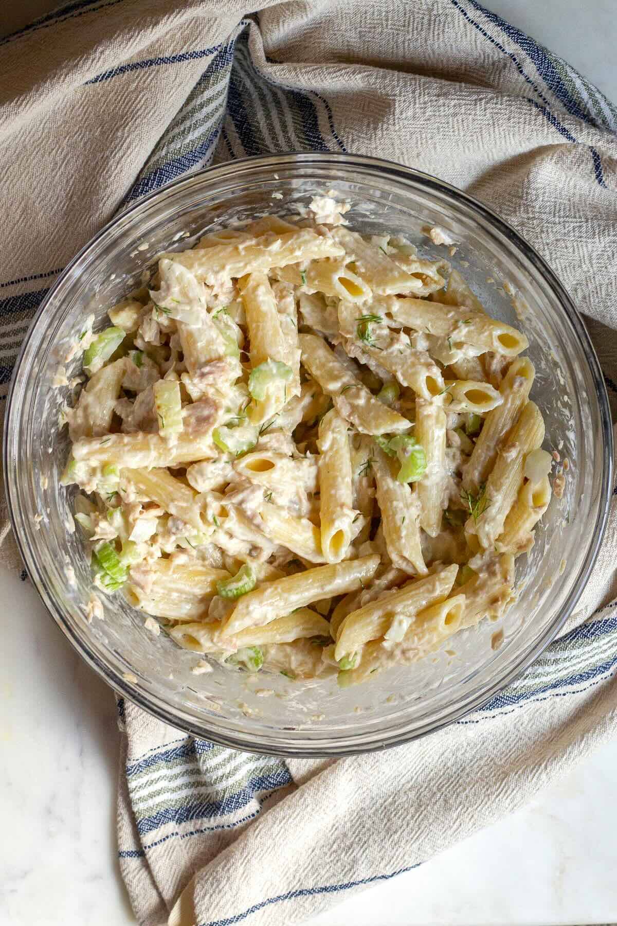 Tuna Pasta Salad with Dill served in a Glass Bowl
