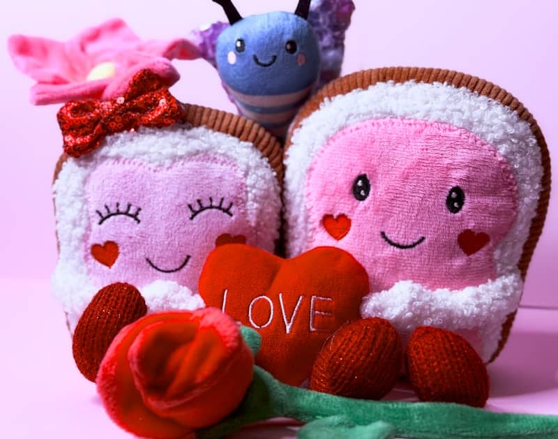 Two plush toast characters with a heart and rose.