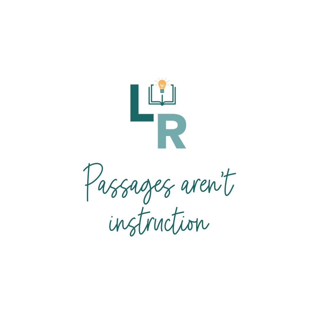 LRC logo with an open book and lightbulb icon above the letters 'L' and 'R'; below, in script font, the phrase 'Passages aren’t instruction' appears.