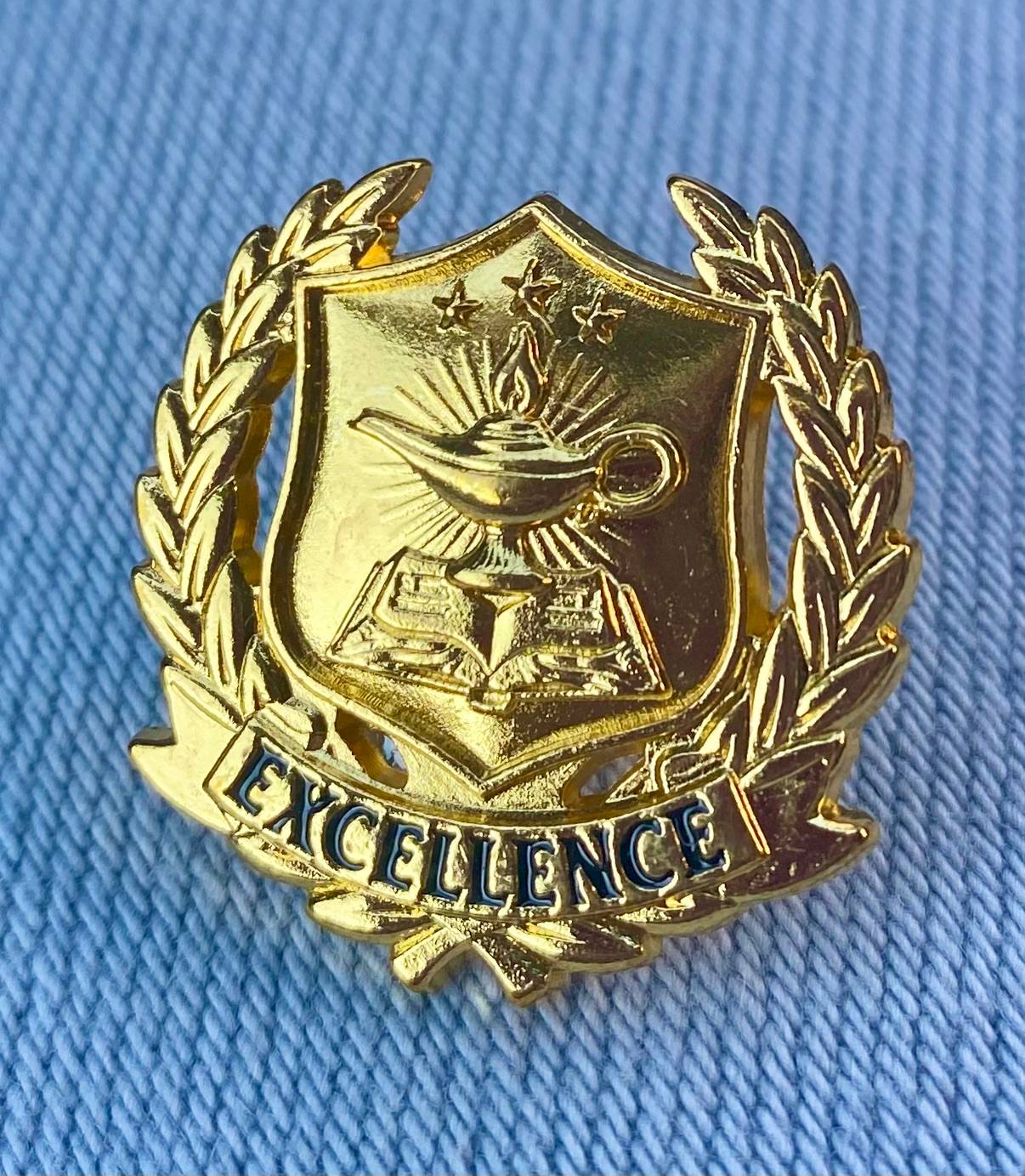 A gold pin with a genie lamp on top of a book reads "excellence" in blaack font