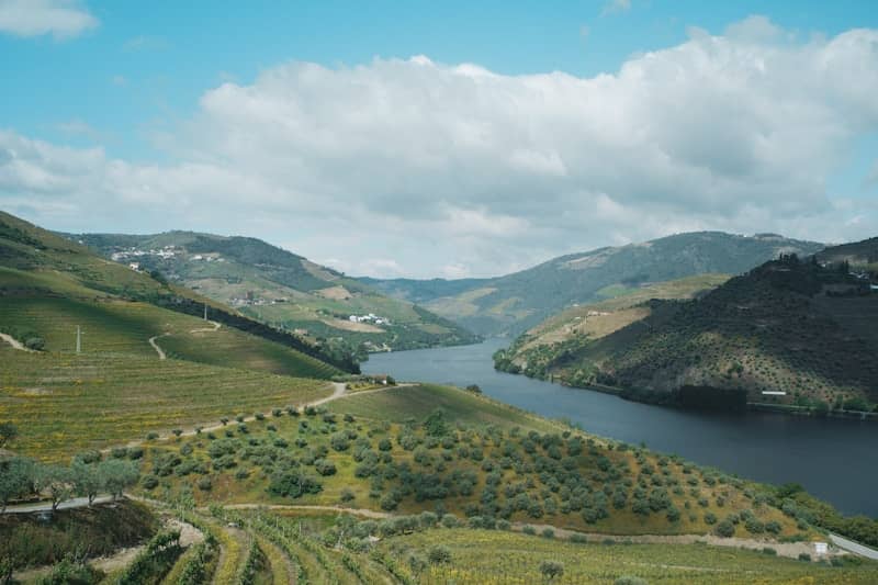 A river flows through a the Douro River under a blue sky