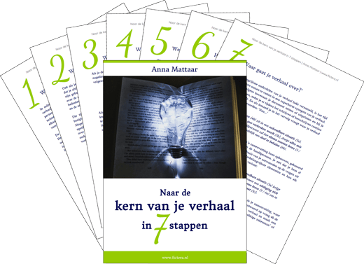 Zeven genummerde pagina's in een waaier, met daarvoor een omslag met de titel 'Naar de kern van je verhaal in 7 stappen'.
