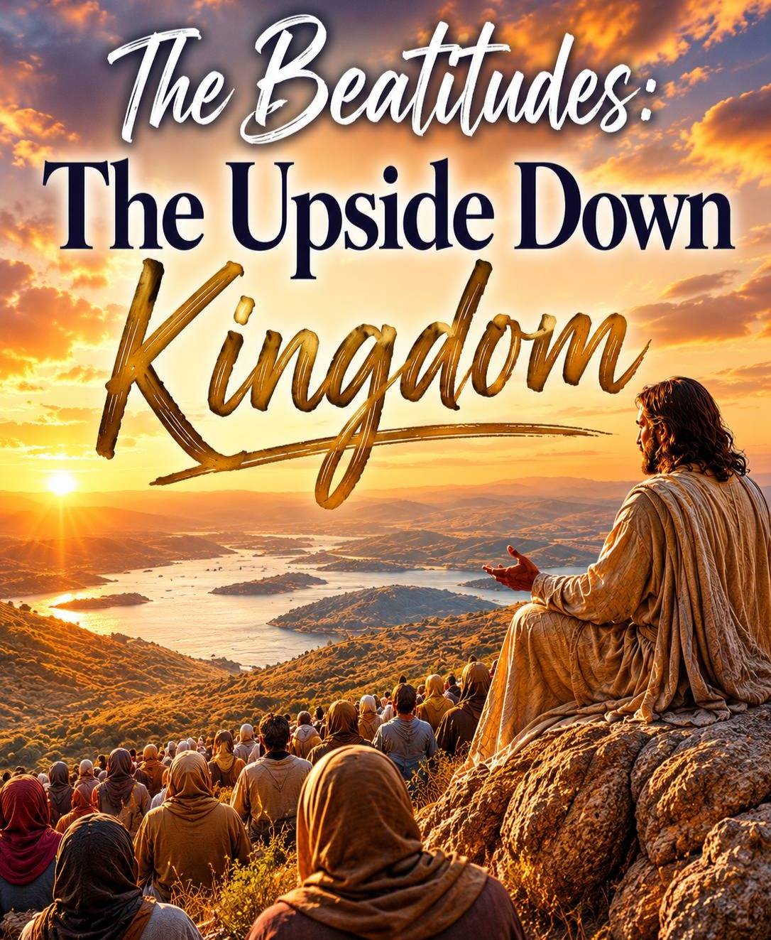 An image of "Jesus" sittiing on a mountain speaking to thousands of people in the sermon on the mount. The title is The Upside Down Kingdom. 